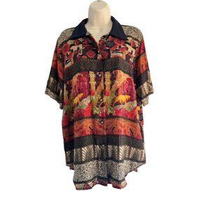VTG 80s Caliche Collection Women's Sz M Multicolor Tropical Lion Button Up Shirt